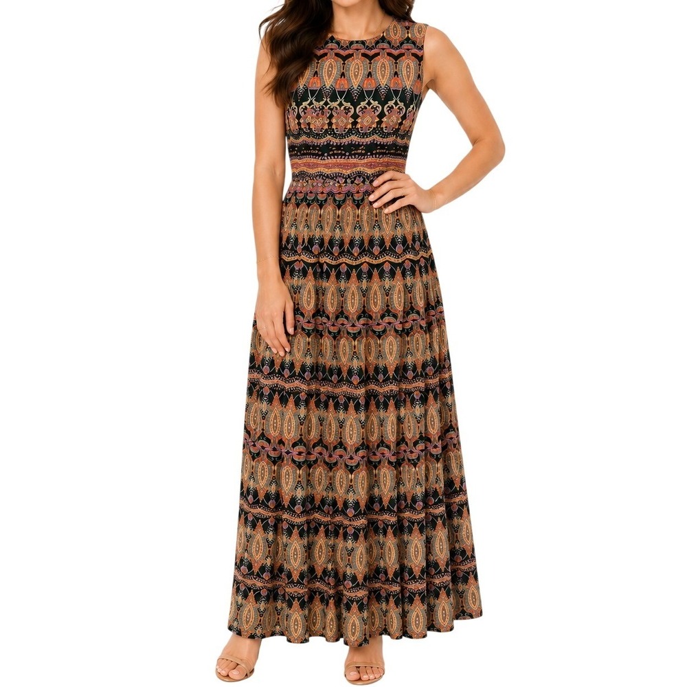 Boho Paisley Open Back Maxi Dress Sleeveless Side Slit Geometric Print Orange S